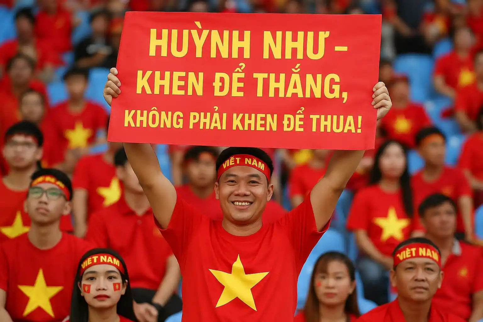 Fan giơ biểu ngữ “Huỳnh Như - khen để thắng, không phải khen để thua!”